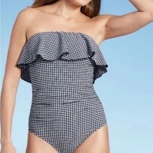 Blue and White Gingham Ruffle One Piece Swimsuit